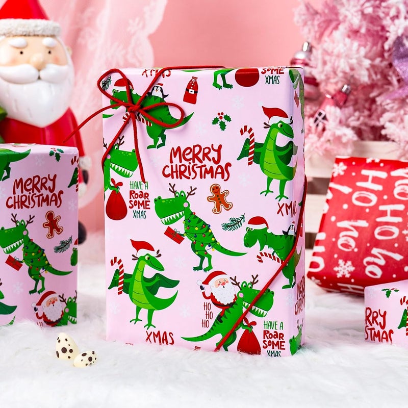 Yarcony Pink Dinosaur Christmas Wrapping Paper, Pink Gift Wrap, Funny Dinosaur and Santa Claus Dino Christmas Gift Wrapping Paper for Girls Kids women Holiday Present Packaging (17 Inch X 33 Feet) - Image 5